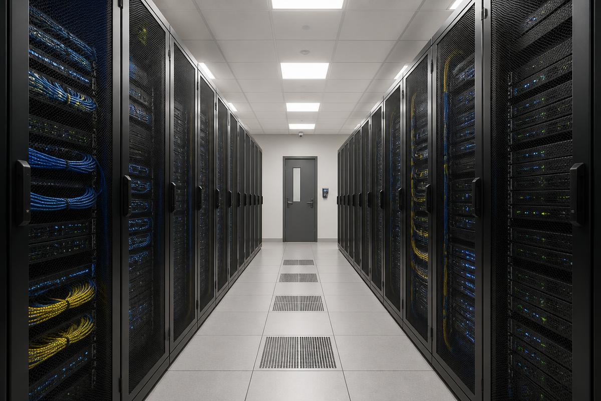 Clean, high-end server room corridor representing IT infrastructure precision